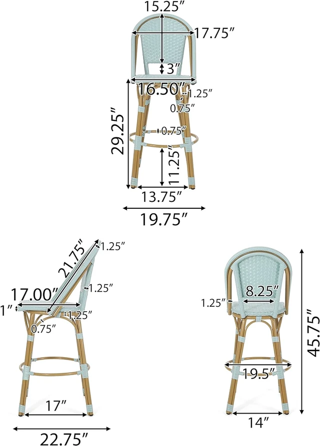 Alt view image 5 of 7 - 29.5 Inch Outdoor Rattan and Aluminum French Barstools, Set Teal and Bamboo Finish, Teal Blue, Wicker, Patio Seating