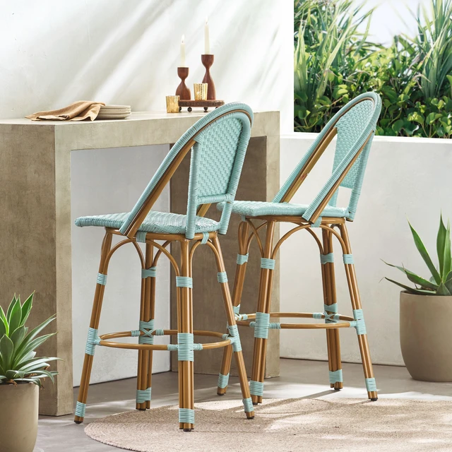Main image of 29.5 Inch Outdoor Rattan and Aluminum French Barstools, Set Teal and Bamboo Finish, Teal Blue, Wicker, Patio Seating