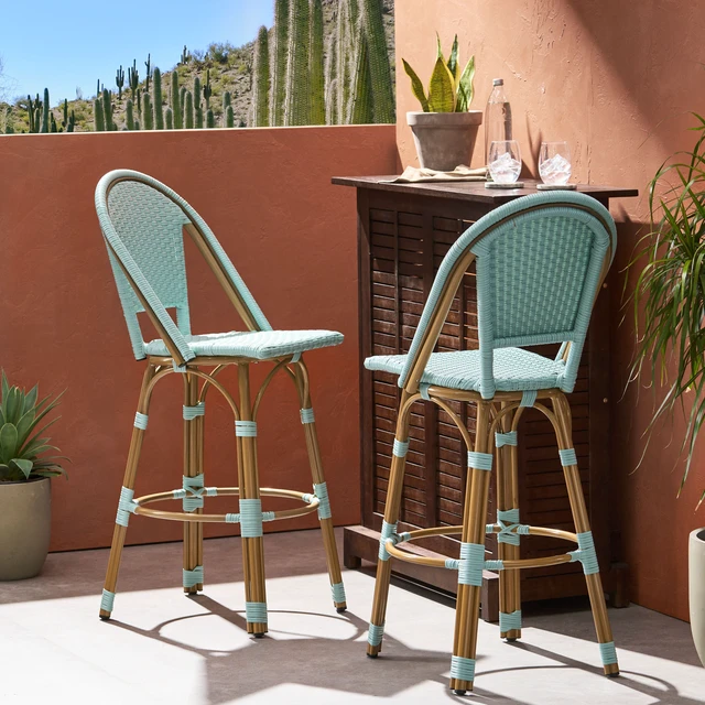Alt view image 2 of 7 - 29.5 Inch Outdoor Rattan and Aluminum French Barstools, Set Teal and Bamboo Finish, Teal Blue, Wicker, Patio Seating