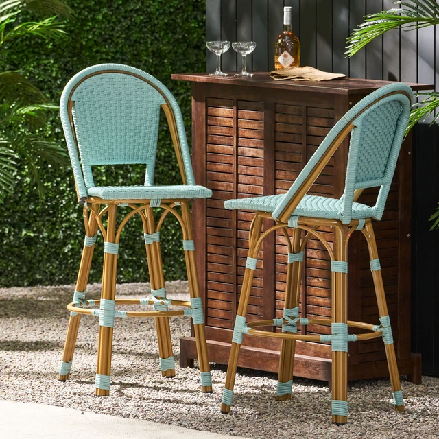 Alt view image 3 of 7 - 29.5 Inch Outdoor Rattan and Aluminum French Barstools, Set Teal and Bamboo Finish, Teal Blue, Wicker, Patio Seating