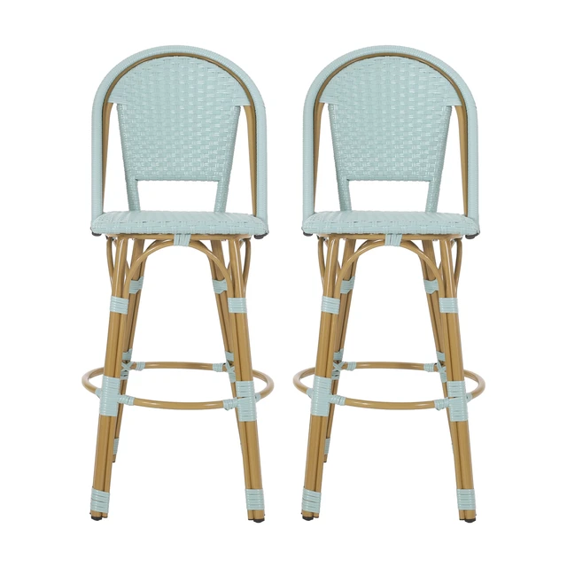 Alt view image 4 of 7 - 29.5 Inch Outdoor Rattan and Aluminum French Barstools, Set Teal and Bamboo Finish, Teal Blue, Wicker, Patio Seating