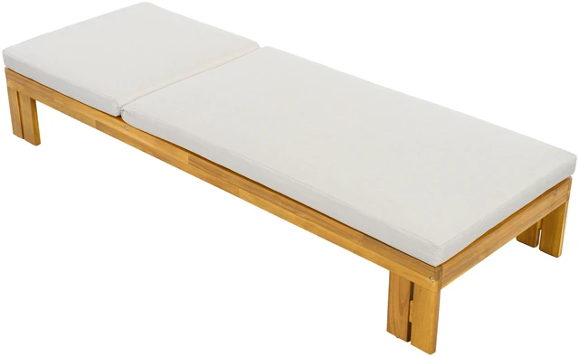 Alt view image 5 of 7 - Outdoor Chaise Lounge, Position Adjustable Backrest Removable Beige Cushion, Beige Teak, Acacia Wood and Fabric, Patio