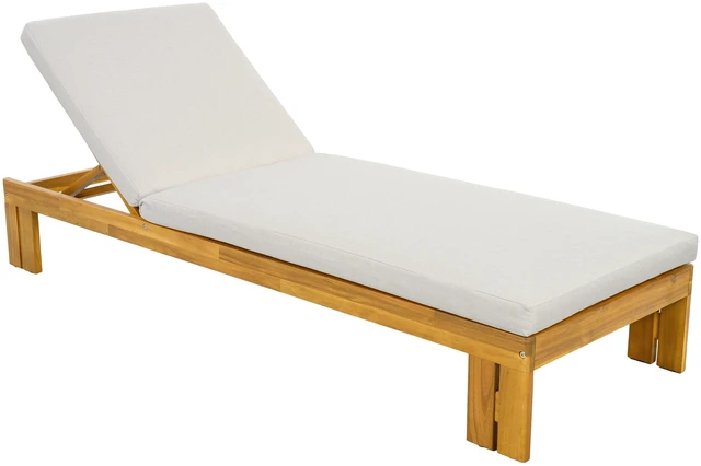 Alt view image 6 of 7 - Outdoor Chaise Lounge, Position Adjustable Backrest Removable Beige Cushion, Beige Teak, Acacia Wood and Fabric, Patio