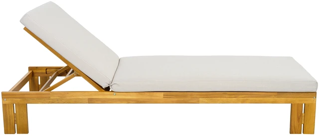 Alt view image 7 of 7 - Outdoor Chaise Lounge, Position Adjustable Backrest Removable Beige Cushion, Beige Teak, Acacia Wood and Fabric, Patio
