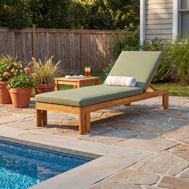 Alt view image 2 of 7 - Outdoor Chaise Lounge, Position Adjustable Backrest Removable Green Cushion, Green Teak, Acacia Wood and Fabric, Patio