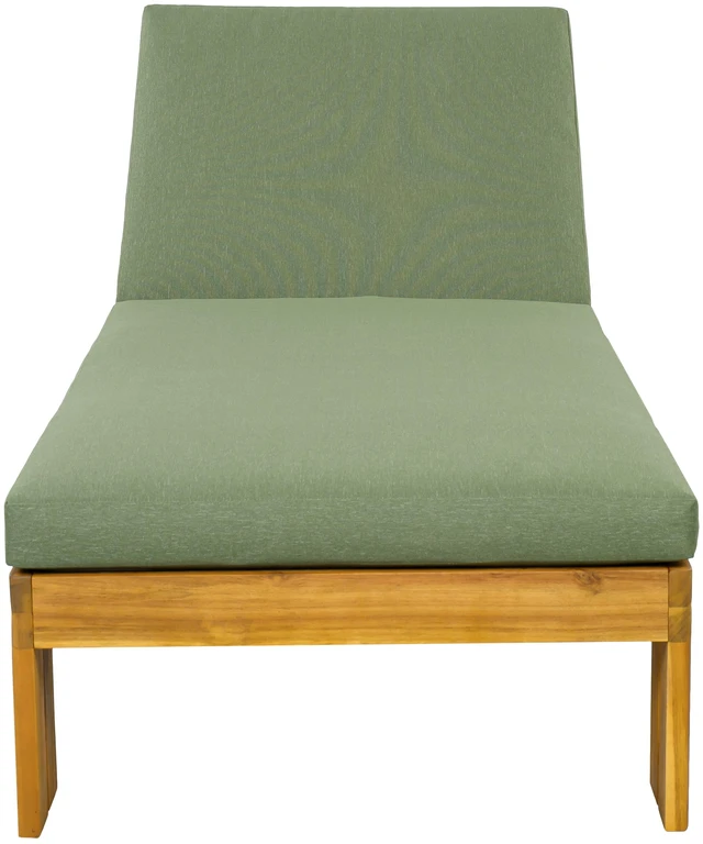 Alt view image 5 of 7 - Outdoor Chaise Lounge, Position Adjustable Backrest Removable Green Cushion, Green Teak, Acacia Wood and Fabric, Patio