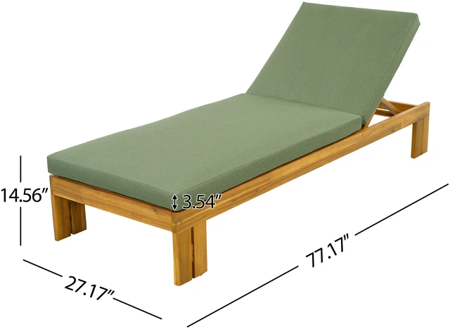 Alt view image 3 of 7 - Outdoor Chaise Lounge, Position Adjustable Backrest Removable Green Cushion, Green Teak, Acacia Wood and Fabric, Patio