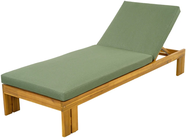 Alt view image 4 of 7 - Outdoor Chaise Lounge, Position Adjustable Backrest Removable Green Cushion, Green Teak, Acacia Wood and Fabric, Patio