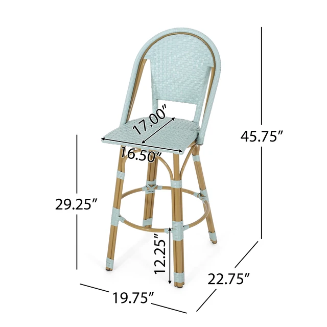 Alt view image 6 of 7 - 29.5 Inch Outdoor Rattan and Aluminum French Barstools, Set Teal and Bamboo Finish, Teal Blue, Wicker, Patio Seating