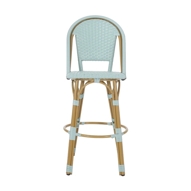 Alt view image 7 of 7 - 29.5 Inch Outdoor Rattan and Aluminum French Barstools, Set Teal and Bamboo Finish, Teal Blue, Wicker, Patio Seating