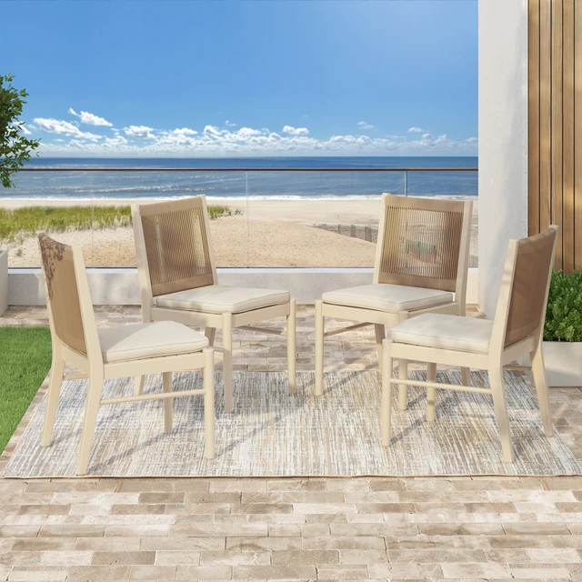 Alt view image 2 of 7 - Dining Chair Set, Beige Yellow, Wood and Rope, Patio Seating
