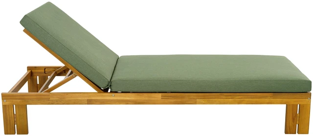 Alt view image 7 of 7 - Outdoor Chaise Lounge, Position Adjustable Backrest Removable Green Cushion, Green Teak, Acacia Wood and Fabric, Patio