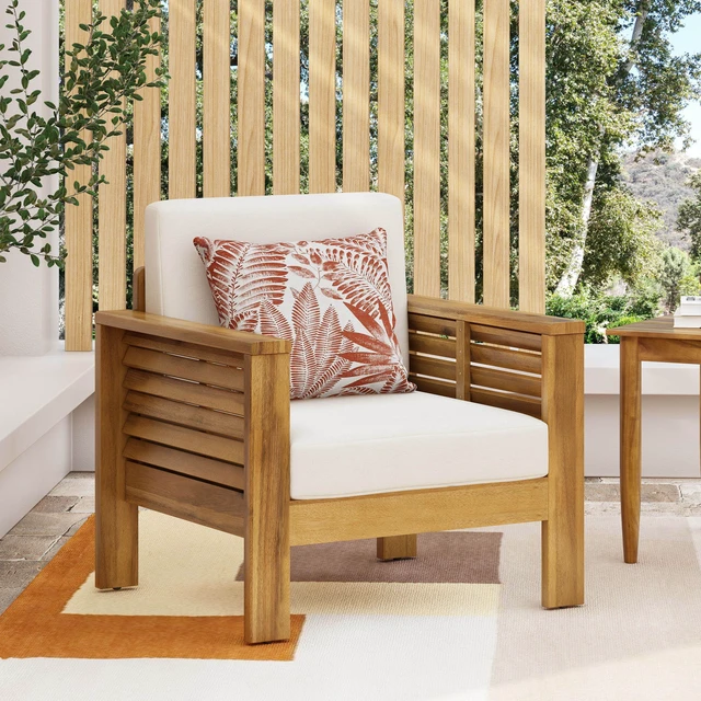 Main image of Outdoor Club Chairs with Cushions, 27.75 Inch 32 Inch 27.75 Brown Beige, Acacia Wood, Patio Seating