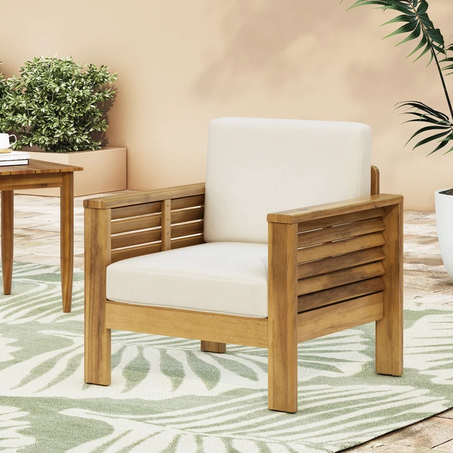 Alt view image 2 of 7 - Outdoor Club Chairs with Cushions, 27.75 Inch 32 Inch 27.75 Brown Beige, Acacia Wood, Patio Seating
