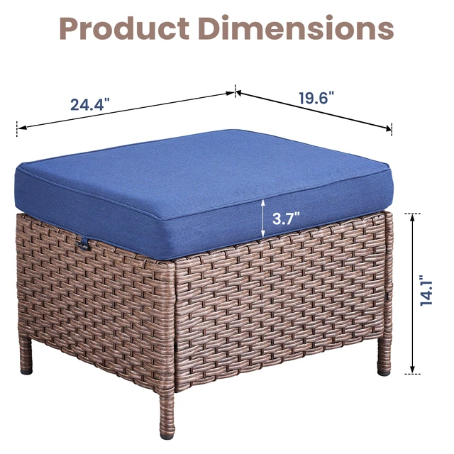 Alt view image 2 of 7 - Outdoor Wicker Ottomans Set, Patio Rattan Footrests with Blue Cushion for Deck, Brown, Patio Seating