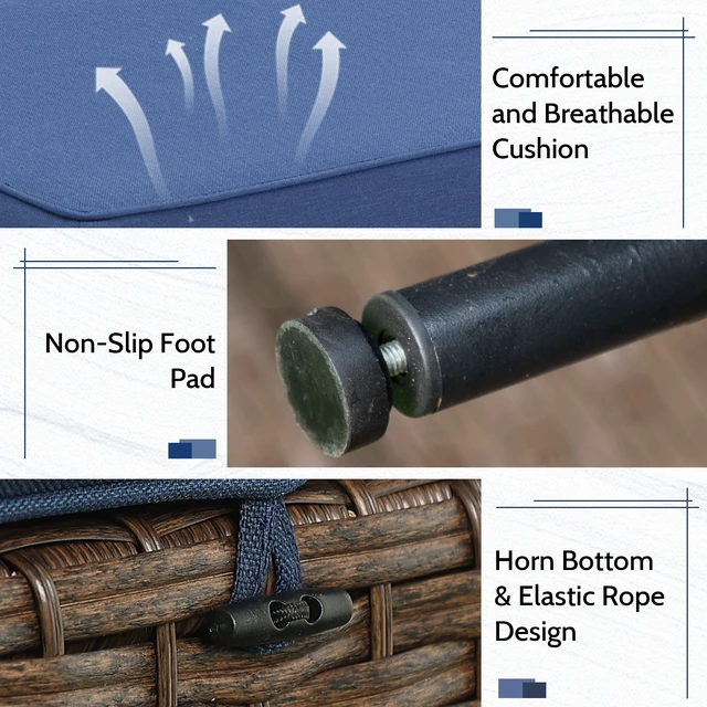 Alt view image 3 of 7 - Outdoor Wicker Ottomans Set, Patio Rattan Footrests with Blue Cushion for Deck, Brown, Patio Seating