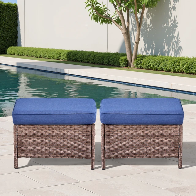 Alt view image 7 of 7 - Outdoor Wicker Ottomans Set, Patio Rattan Footrests with Blue Cushion for Deck, Brown, Patio Seating