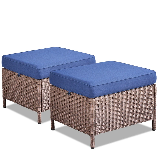 Alt view image 6 of 7 - Outdoor Wicker Ottomans Set, Patio Rattan Footrests with Blue Cushion for Deck, Brown, Patio Seating