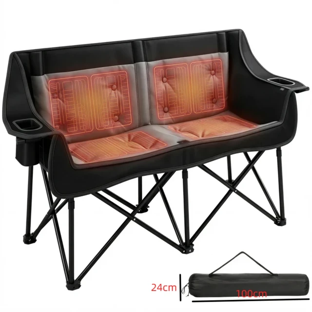 Alt view image 4 of 7 - Heated Double Folding Camping Loveseat Couch, Padded Outdoor Chair with Heating Zones and Heat Settings for