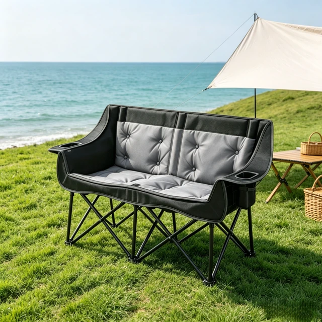Alt view image 2 of 7 - Heated Double Folding Camping Loveseat Couch, Padded Outdoor Chair with Heating Zones and Heat Settings for