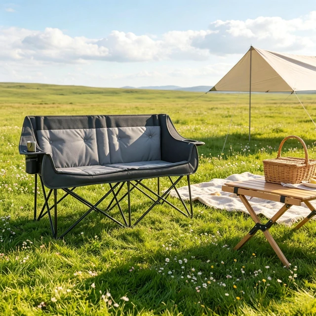 Main image of Heated Double Folding Camping Loveseat Couch, Padded Outdoor Chair with Heating Zones and Heat Settings for