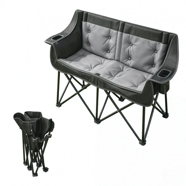 Alt view image 3 of 7 - Heated Double Folding Camping Loveseat Couch, Padded Outdoor Chair with Heating Zones and Heat Settings for