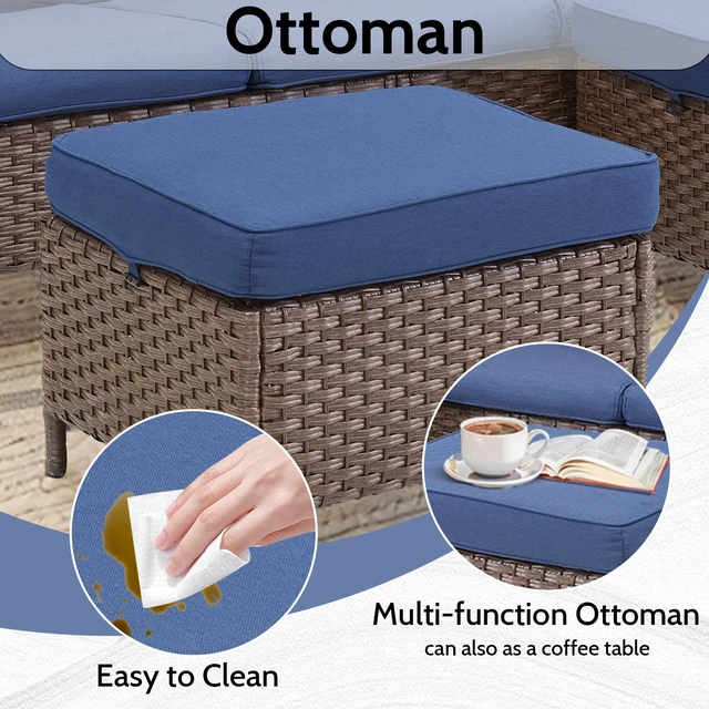 Alt view image 4 of 7 - Outdoor Wicker Ottomans Set, Patio Rattan Footrests with Blue Cushion for Deck, Brown, Patio Seating