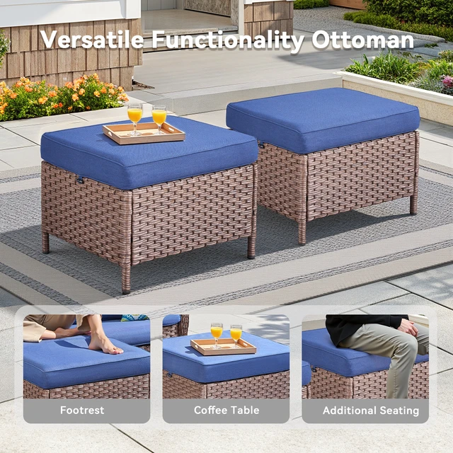 Alt view image 5 of 7 - Outdoor Wicker Ottomans Set, Patio Rattan Footrests with Blue Cushion for Deck, Brown, Patio Seating