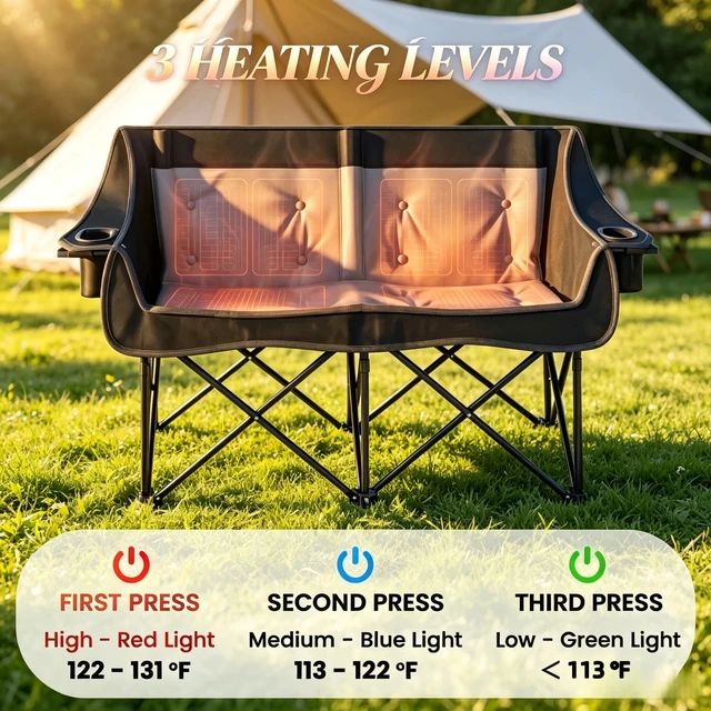 Alt view image 7 of 7 - Heated Double Folding Camping Loveseat Couch, Padded Outdoor Chair with Heating Zones and Heat Settings for