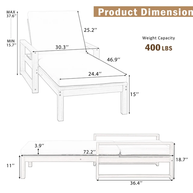 Alt view image 4 of 7 - Outdoor Lounge Chairs, Position Chaise Lounge Outdoor Patio Chaise with Cushion and Adjustable Backrest Pool Chairs
