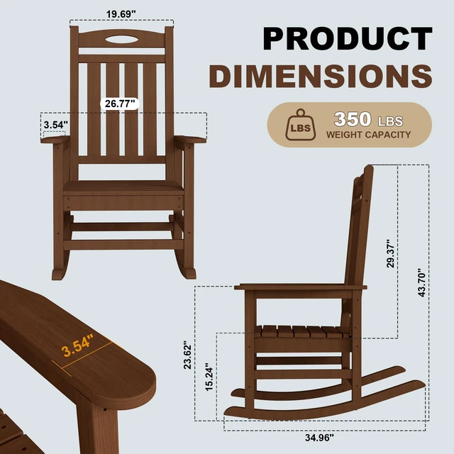 Alt view image 2 of 7 - Outdoor Rocking Chair Set, HDPE Patio Rocking Chair for Adults Outdoor Rocker for Garden Lawn, Brown, HDPE, Patio
