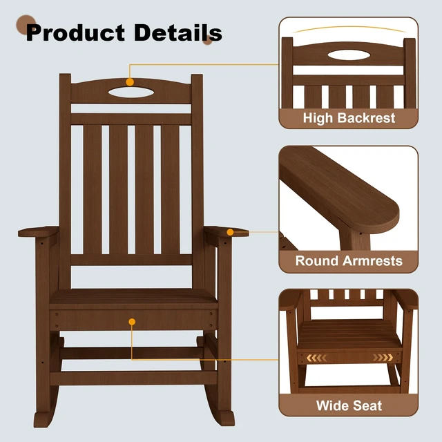 Alt view image 4 of 7 - Outdoor Rocking Chair Set, HDPE Patio Rocking Chair for Adults Outdoor Rocker for Garden Lawn, Brown, HDPE, Patio