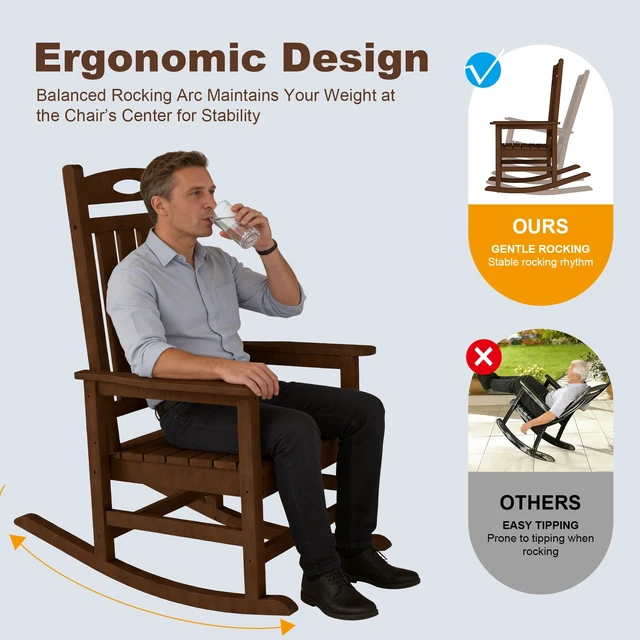 Alt view image 7 of 7 - Outdoor Rocking Chair Set, HDPE Patio Rocking Chair for Adults Outdoor Rocker for Garden Lawn, Brown, HDPE, Patio