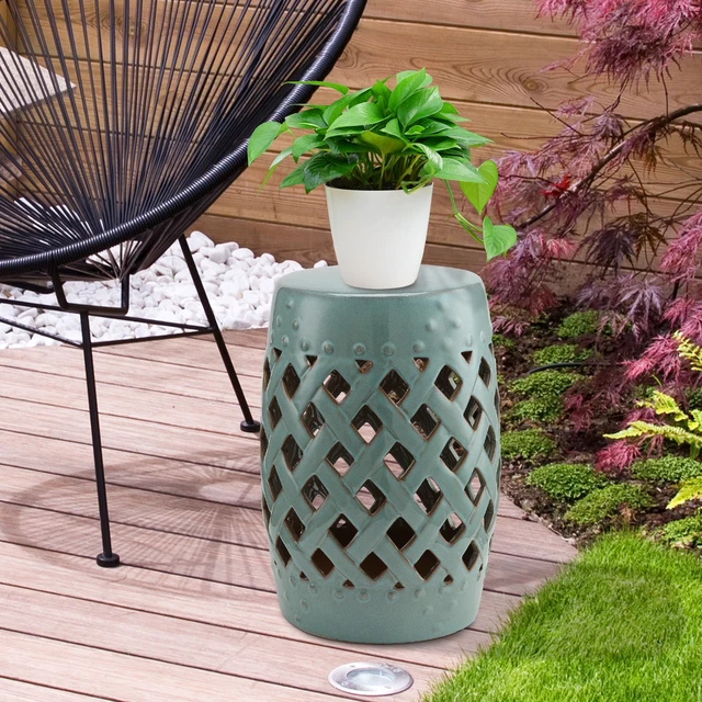Alt view image 2 of 7 - Inchx 18 Inch Ceramic Garden Stool with Woven Lattice Design and Glazed Materials Decorative End Table, Blue