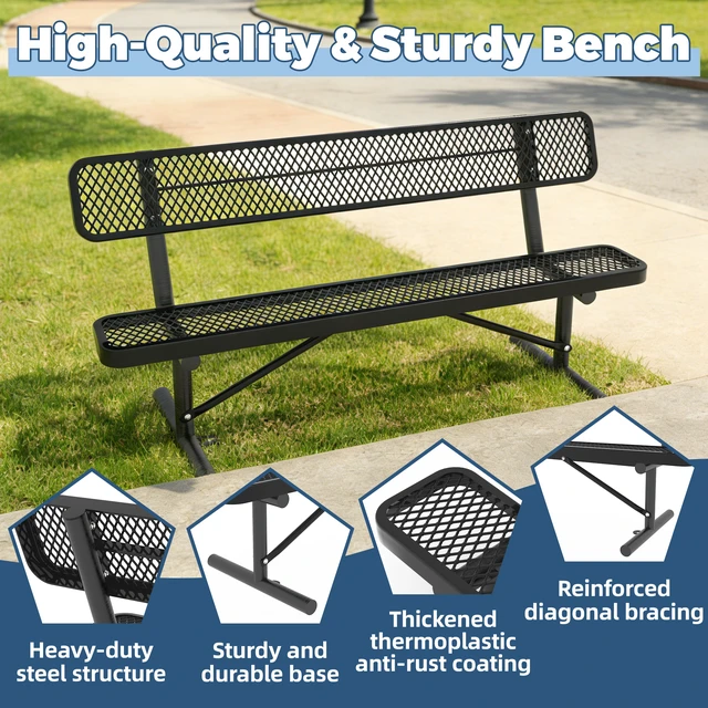 Alt view image 4 of 7 - Set Products-Sku Heavy Duty Outdoor Metal Park Bench with Backrest, All Weather Steel Portable Seating, Amber Black
