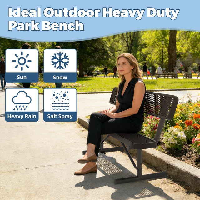 Alt view image 2 of 7 - Set Products-Sku Heavy Duty Outdoor Metal Park Bench with Backrest, All Weather Steel Portable Seating, Amber Black