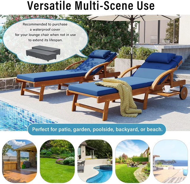 Alt view image 7 of 7 - 77.5 Inch Adjustable Outdoor Lounge Chair Wood Frame with Cushions, Reclining Backrest and Leg Rest Headrest