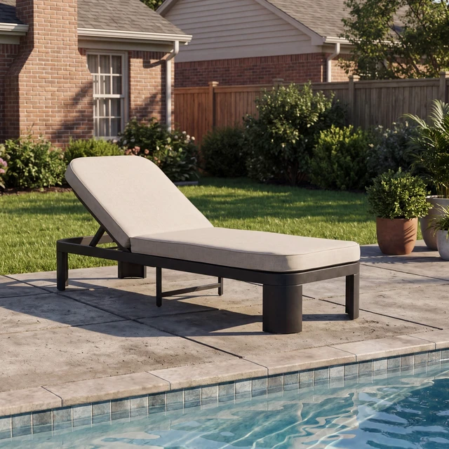 Alt view image 2 of 7 - Outdoor Chaise Lounge with Beige Cushion, Position Adjustable Backrest, Beige Black, Acacia Wood and Fabric, Patio