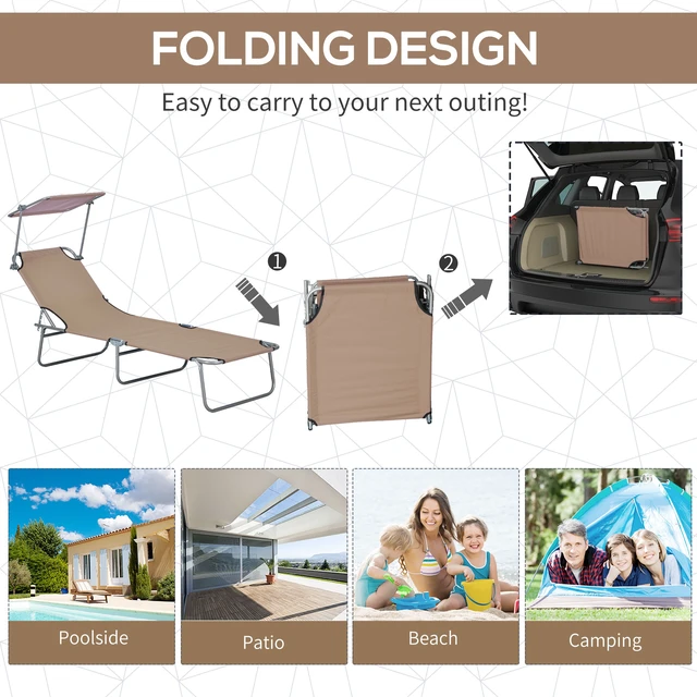Alt view image 4 of 7 - Outdoor Lounge Chair, Adjustable Folding Chaise Lounge Tanning Chair with Sun Shade for Beach Camping Hiking, Tan