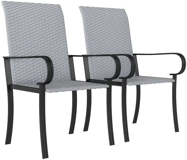 Main image of Set Outdoor Wicker Dining Chairs, All Weather Rattan Armchairs with Armrests Steel Frame High Back and Seating, Gray