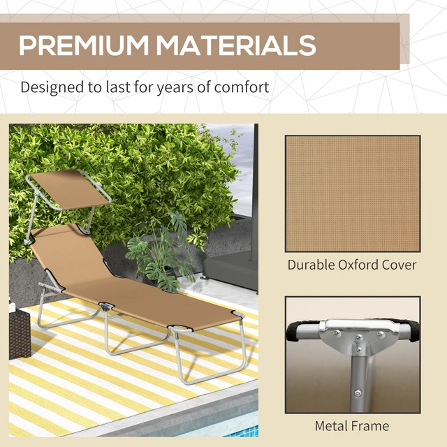 Alt view image 2 of 7 - Outdoor Lounge Chair, Adjustable Folding Chaise Lounge Tanning Chair with Sun Shade for Beach Camping Hiking, Tan
