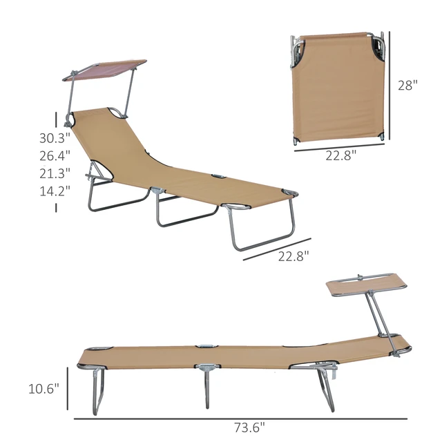 Alt view image 7 of 7 - Outdoor Lounge Chair, Adjustable Folding Chaise Lounge Tanning Chair with Sun Shade for Beach Camping Hiking, Tan