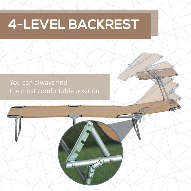 Alt view image 6 of 7 - Outdoor Lounge Chair, Adjustable Folding Chaise Lounge Tanning Chair with Sun Shade for Beach Camping Hiking, Tan