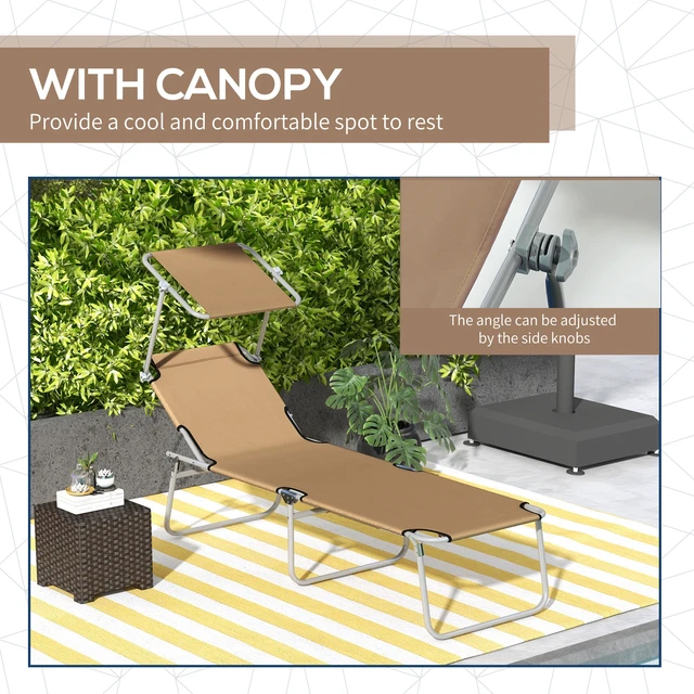 Alt view image 3 of 7 - Outdoor Lounge Chair, Adjustable Folding Chaise Lounge Tanning Chair with Sun Shade for Beach Camping Hiking, Tan