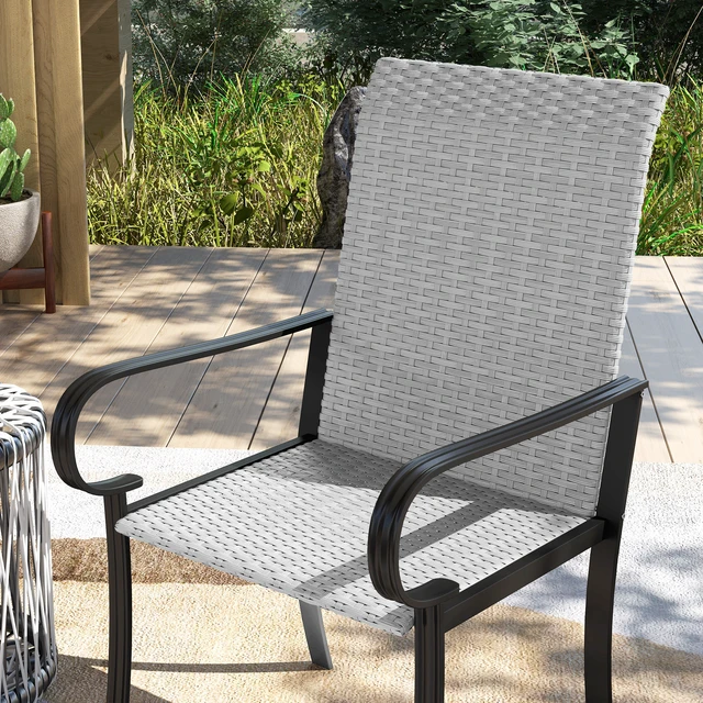 Alt view image 5 of 7 - Set Outdoor Wicker Dining Chairs, All Weather Rattan Armchairs with Armrests Steel Frame High Back and Seating, Gray