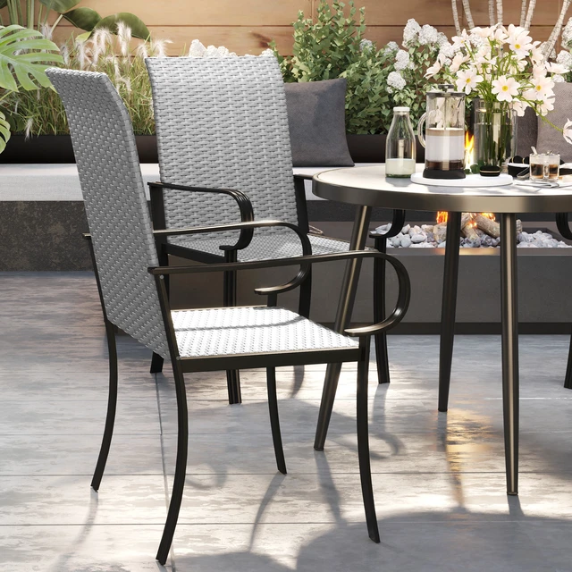 Alt view image 4 of 7 - Set Outdoor Wicker Dining Chairs, All Weather Rattan Armchairs with Armrests Steel Frame High Back and Seating, Gray