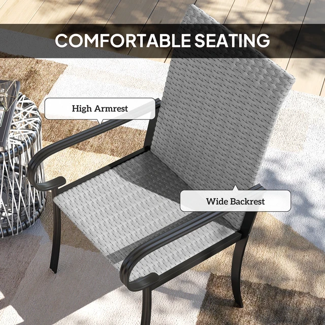Alt view image 7 of 7 - Set Outdoor Wicker Dining Chairs, All Weather Rattan Armchairs with Armrests Steel Frame High Back and Seating, Gray