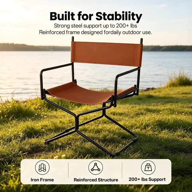 Alt view image 3 of 7 - 21 Inches Leather Director Chair Heavy Duty Folding Camping Chair for Adults, Sports Lawn Outdoor Fishing Courtyard