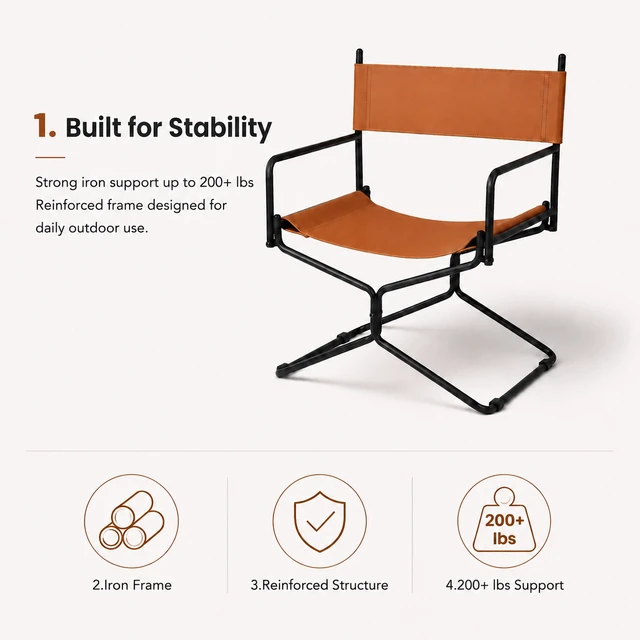 Alt view image 2 of 7 - 21 Inches Leather Director Chair Heavy Duty Folding Camping Chair for Adults, Sports Lawn Outdoor Fishing Courtyard