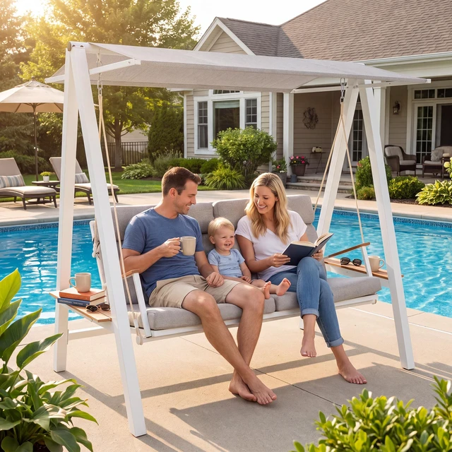 Main image of Outdoor Patio Seaters Metal Swing Chair Swing Bed with Cushion and Adjustable Canopy Color, Grey, Patio Seating